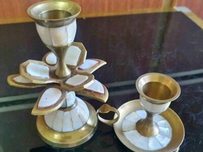 Set of 2 vintage brass and mother od pearl shell candle sticks R580